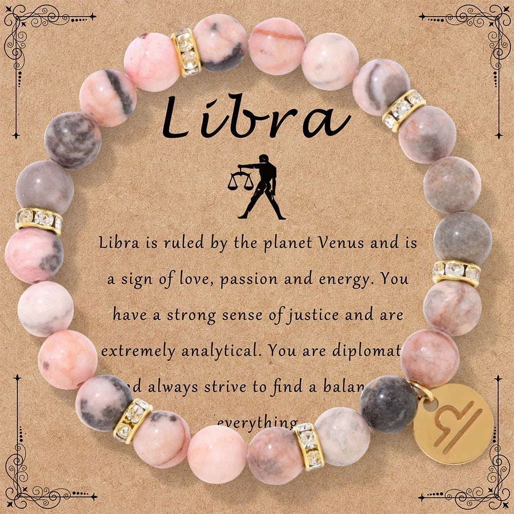 luckacco mhs.sun 12 star zodiac sign pink zebra stone beaded bracelets constellation fashion birthday party jewelry for women men