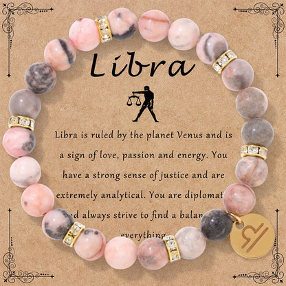 Luckacco MHS.SUN 12 Star Zodiac Sign Pink Zebra Stone Beaded Bracelets Constellation Fashion Birthday Party Jewelry For Women Men