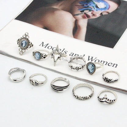 Luckacco 11pcs/set Bohemia Vintage Silver Gothic Aesthatic Vintage Carved Feathers Flowers Leaves Butterfly Ring set for women