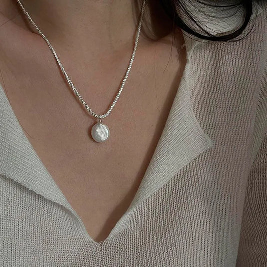 Luckacco New 925 Sterling Silver Round Pearl Necklace Simple Style Charm Pendant Choker Birthday Gift for Women Fine Jewelry