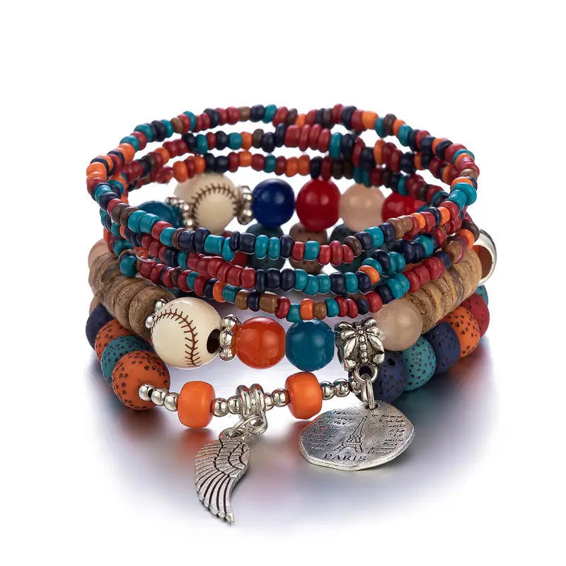 luckacco 4 pieces/set bohemian crystal tassel multi-layer elastic rope bracelet, handmade beaded bracelet, women's fashion accessories