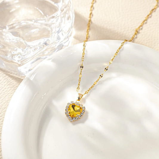 Luckacco Stainless Steel Chain Classic Shiny Colorful Zircon Heart Pendant Necklace for Women Lady Vintage Jewelry Accessories Gifts