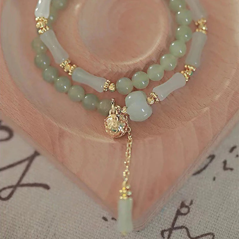 luckacco hetian jade bamboo knot bracelet - neo-chinese vintage style premium gold silk jade pumpkin bead handchain
