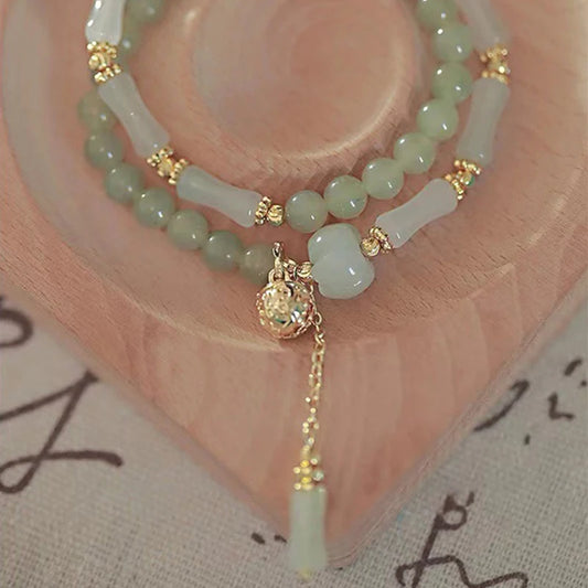 Luckacco Hetian Jade Bamboo Knot Bracelet - Neo-Chinese Vintage Style Premium Gold Silk Jade Pumpkin Bead Handchain