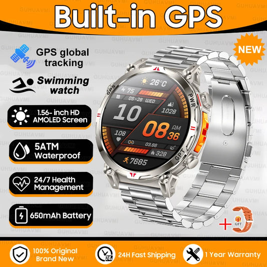 Luckacco 2025New Military GPS Sports SmartWatch Men 1.56" AMOLED Screen Compass Altimeter 5ATM Waterproof 560mAh Wireless Call Smartwatch