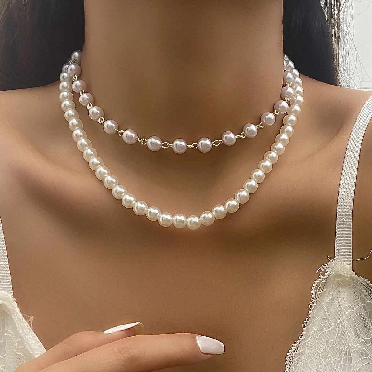 luckacco multi-layer white imitation pearl necklace bead  chain punk ladies wedding short clavicle necklac girl charm banquet jewelry