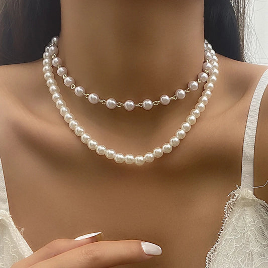 Luckacco Multi-Layer White Imitation Pearl Necklace Bead  Chain Punk Ladies Wedding Short Clavicle Necklac Girl Charm Banquet Jewelry