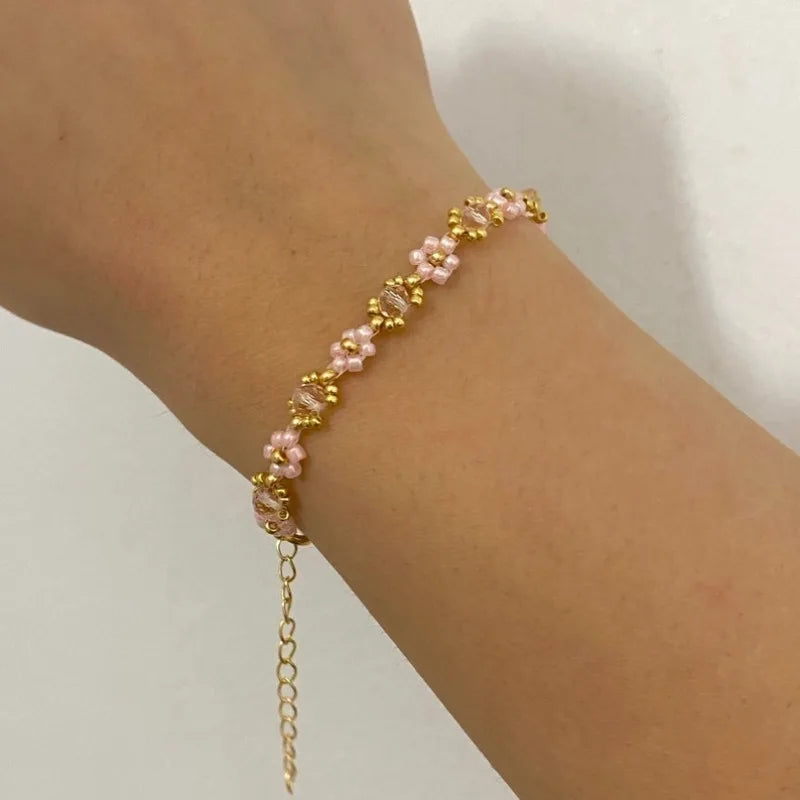 luckacco pink daisy beaded flower bracelet, a gift for her,