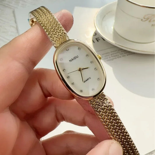 Luckacco Luxury Oval Dial Rhinestone Watch New Brand Quartz Watch for Women Adjustable Stainless Steel Strap Wristwatches  Gift