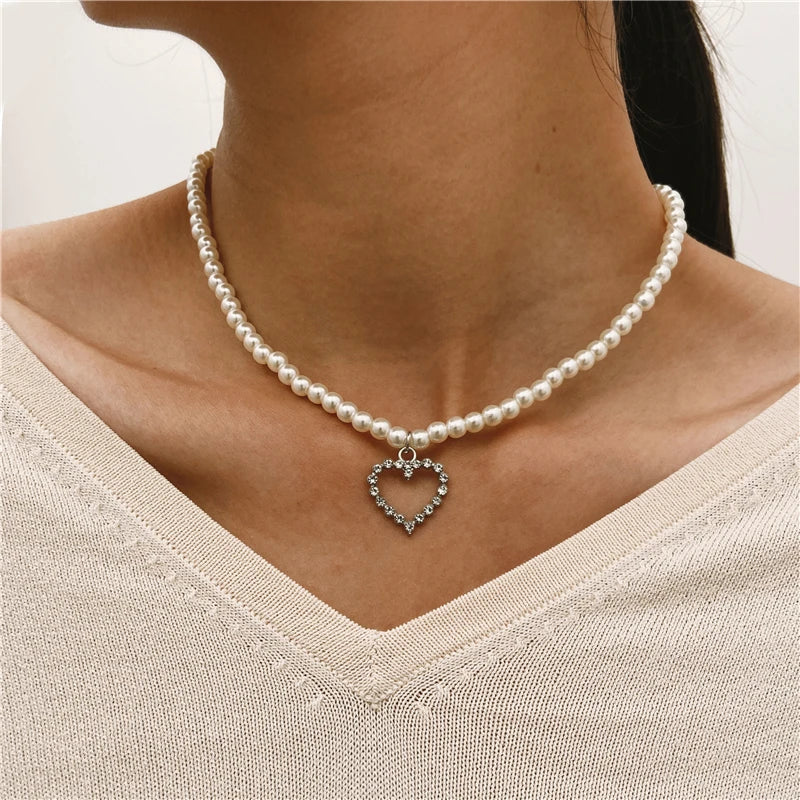 luckacco y2k bowknot pearl necklace for women elegant korean style rhinestone heart pendant necklace fashion wedding party jewelry gift