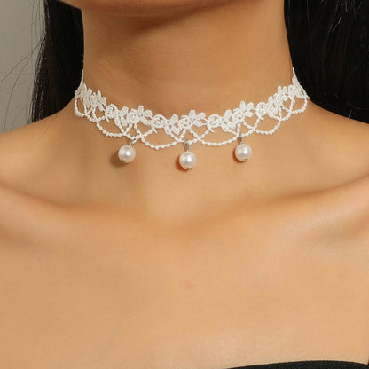 Luckacco Bohemia Elegant Vintage Imitation Pearl White Lace Statement Choker Necklaces Bridal 2022 Fashion Jewelry For Women Wedding Gift