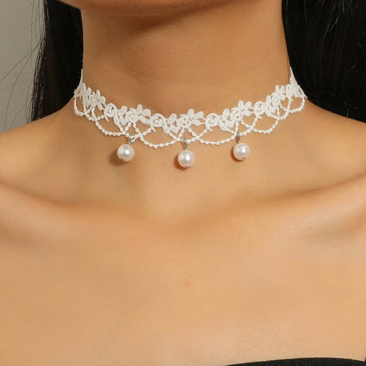 Luckacco Bohemia Elegant Vintage Imitation Pearl White Lace Statement Choker Necklaces Bridal 2022 Fashion Jewelry For Women Wedding Gift