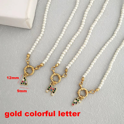 Luckacco QMHJE Initial Charm Letters Imitation Pearl Necklace Women Men Choker Stainless Steel Clasp Sailor Buckle 42cm Small Alphabet