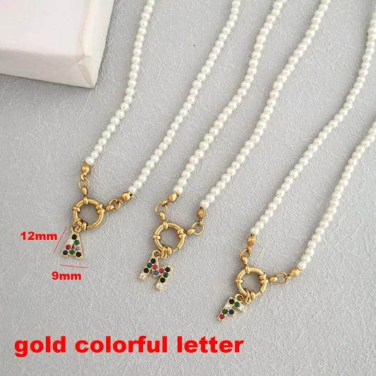 Luckacco QMHJE Initial Charm Letters Imitation Pearl Necklace Women Men Choker Stainless Steel Clasp Sailor Buckle 42cm Small Alphabet