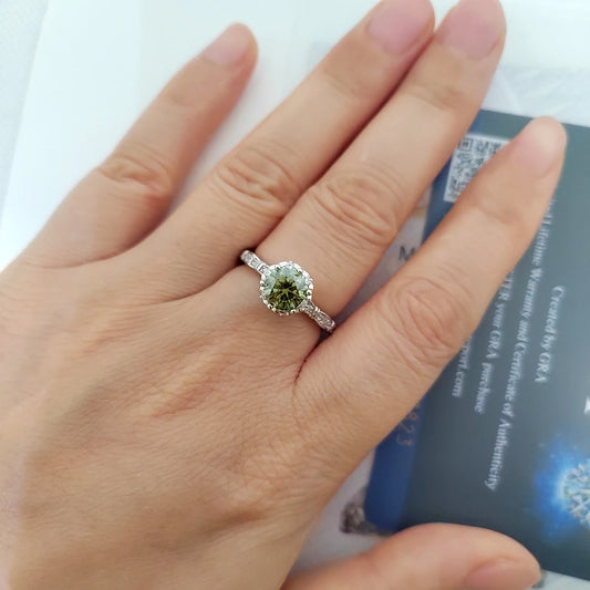 Luckacco 100% True1ct Yellow Green Moissanite Vintage Ring GRA Certificate Passed Diamond Test Women Anniversary Jewelry Gift S925 Silver