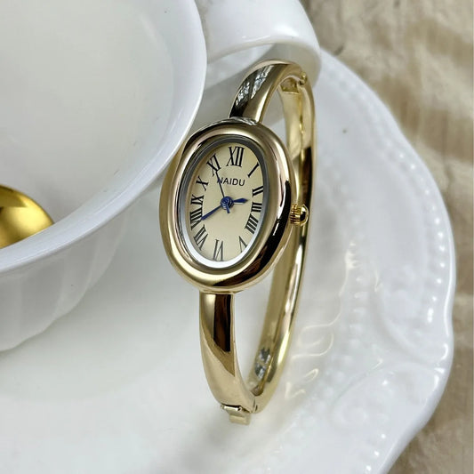 Luckacco Simple Oval Women Quartz Watch Luxury Roman Numerals Reloj Vintage Clock Ladies Stainless Steel Orologio Gold Sliver Wristwatch