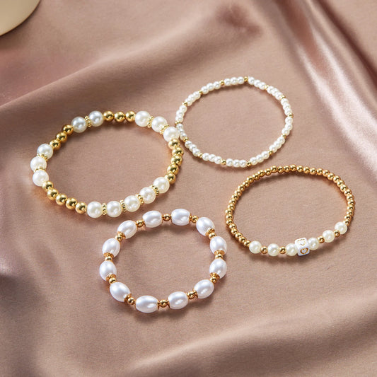 Luckacco Boho Imitation Pearl Beaded Metal Beads Bracelet for Women Vintage Handmade Woven Adjustable Chain Bowknot Heart Jewelry Gifts
