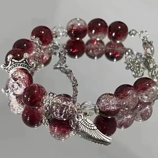 Luckacco Light Luxury Purple Glass Crystal Beaded Bracelets for Women Chic Butterfly Tassel Pendant Bracelets Sweet Girl Wrist Jewelry