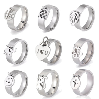 Luckacco Unift Women Stainless Steel Charms Rings Flower Leaf Spider Paw Pendant Finger Ring Fashion Minimalist Couple Jewelry