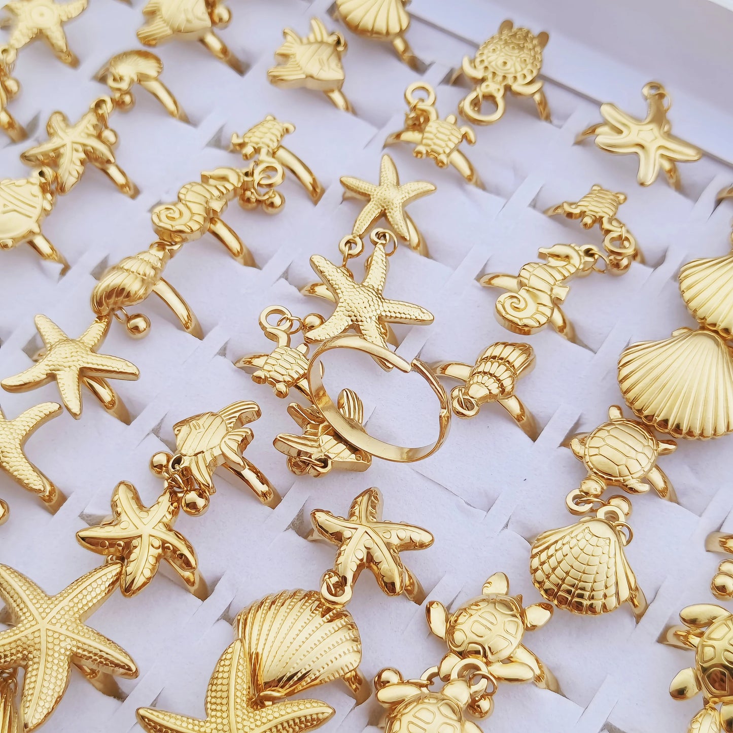 luckacco 10 pcs stainless steel ocean shell conch sea turtle fish tail dolphin bead ring jewelry size opening adjustable party gift