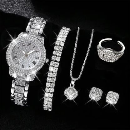 Luckacco 6PCS/SET Silver Women's Watch Business Leisure Element Watch Luxury Dial Quartz Watch Jewelry Set Gift For Her