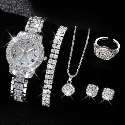 Luckacco 6PCS/SET Silver Women's Watch Business Leisure Element Watch Luxury Dial Quartz Watch Jewelry Set Gift For Her