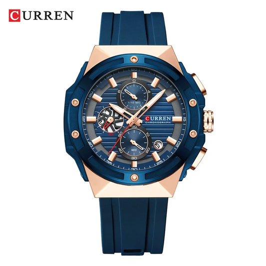 Luckacco CURREN Fashionable Sports Multifunctional Chronograph Quartz Watch with Silicone Strap Creative Design Dial Luminous Hands