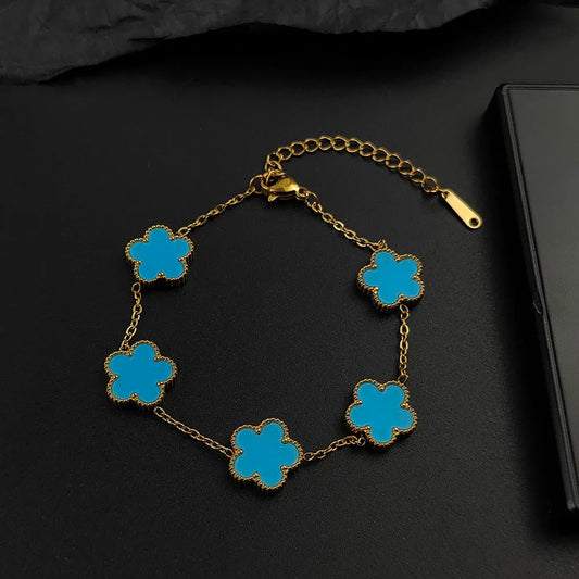 Luckacco Mussel five-leaf plum blossom stainless steel women's exquisite chain bracelet, 18K gold plated, light luxury, lucky jewelry