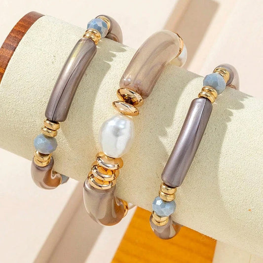 Luckacco 3PCS Set Vintage Design Resin Elastic Bracelet Blue Bamboo Gold Color Spacer Pearl Bracelet Pink Green Coffee Color Option