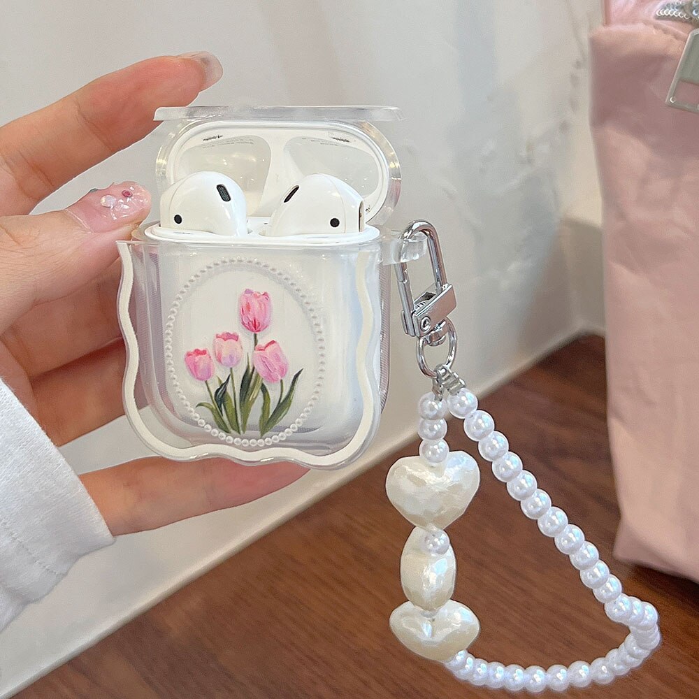 Retro Tulip Flowers Case for AirPods 1 2 Pro 3 Cases for AirPod 1 2 Pearl Bracelet Headset Charging Box Soft Protective Cover - luckacco