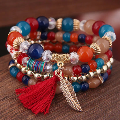 Luckacco DIEZI Korean Ethnic Bohemian Crystal Beads Leaves Charm Bracelets For Women Girls Elastic Rope Wrap Bracelet Pulseira Feminina