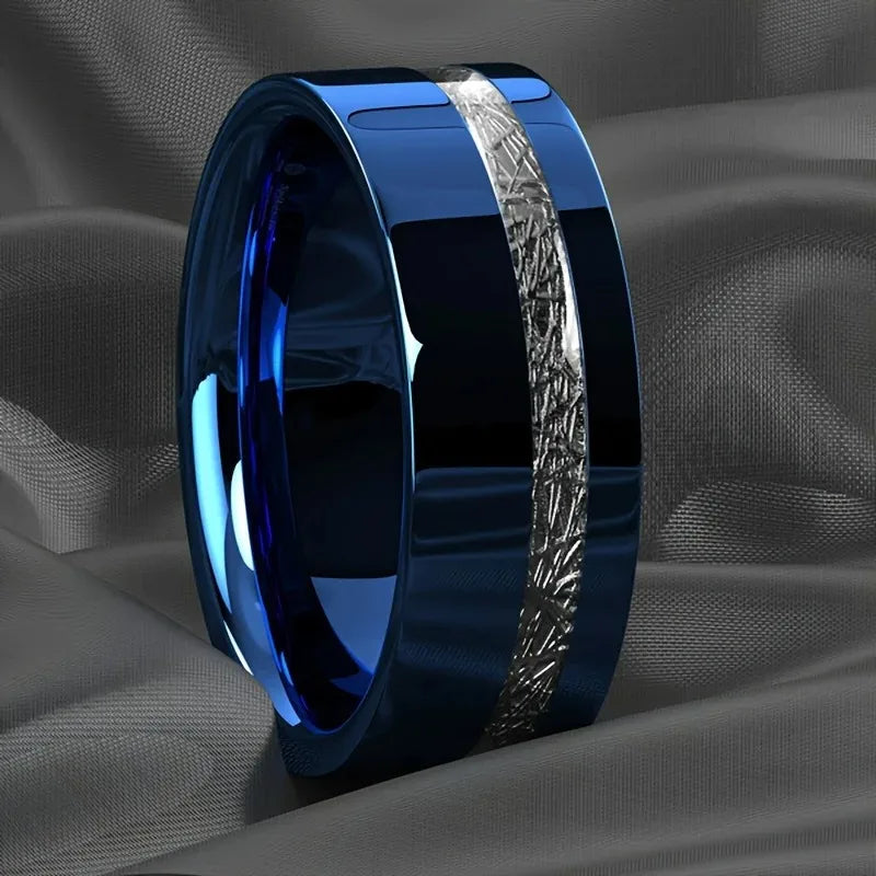 luckacco fashion 8mm men stainless steel rings inlay meteorite abalone shell rings for men women wedding engagement band jewelry gift