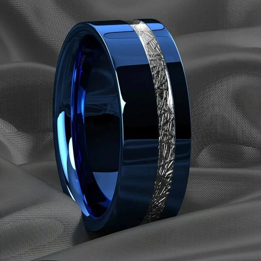Luckacco Fashion 8mm Men Stainless Steel Rings Inlay Meteorite Abalone Shell Rings For Men Women Wedding Engagement Band Jewelry Gift