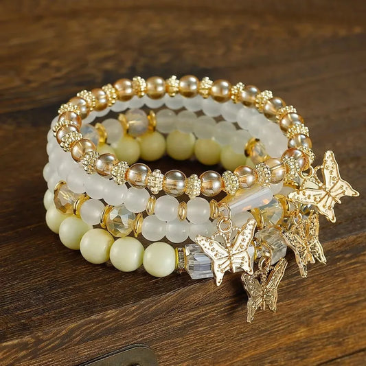 Luckacco 4pcs Set Bohemia Exquisite Acrylic Beaded Crystal Butterfly Bracelet for Women Charm Multilayer Pearl Bangle Jewelry Friend Gift