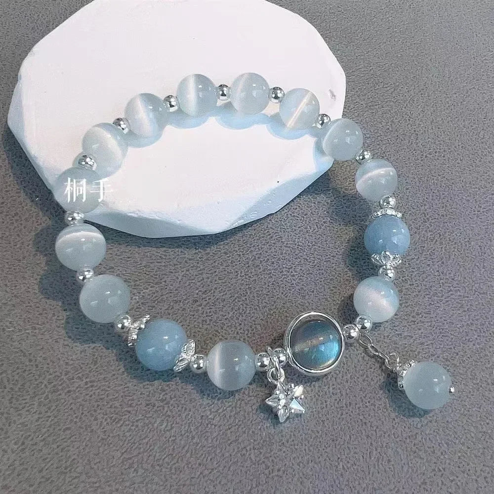 luckacco niche design star chain tassel bracelet for women fantasy blue crystal beads elastic rope bracelet best friend jewelry gifts