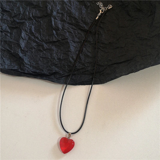 Luckacco Gothic Vintage Y2K Red Glass Heart Star Cross Pendant Pearl Bead Necklace For Women Men Aesthetic 90s Grunge Accessories Jewelry
