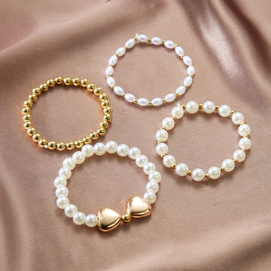 Luckacco Boho Imitation Pearl Beaded Metal Beads Bracelet for Women Vintage Handmade Woven Adjustable Chain Bowknot Heart Jewelry Gifts