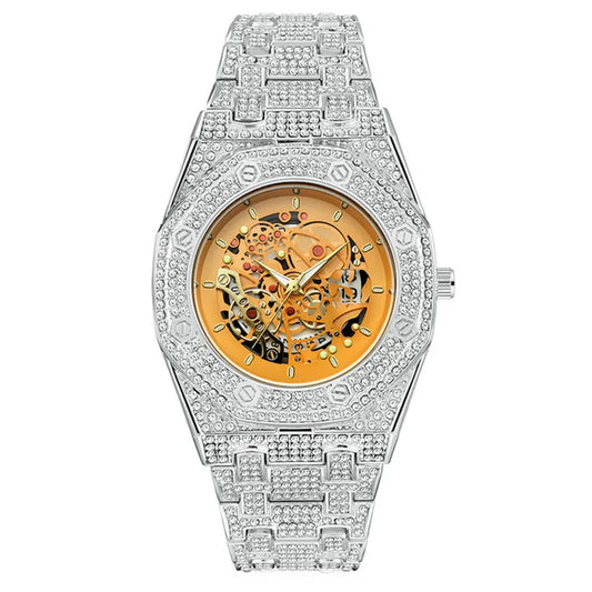 Luckacco Luxury Genuine Brand Watches For Men Hip Hop Diamond Fashion Alloy Band Date Vintage Skeleton Designer Quartz Watch Montre Homme