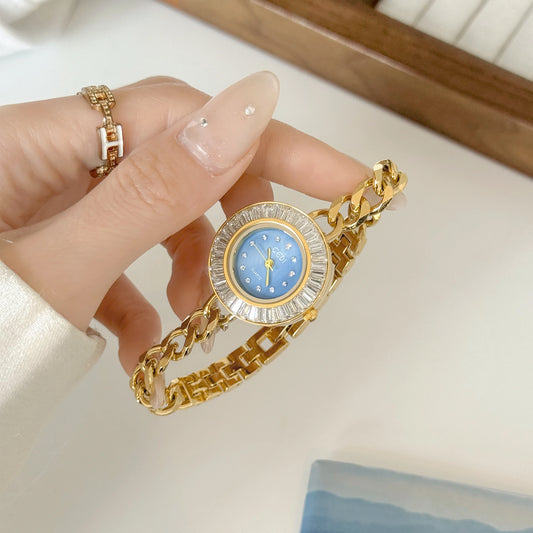 Luckacco Women's Watches 2025 Luxury Elegant Ladies Wrist Watch Gold Rhinestone Quartz Wristwatch Vintage Female Small Clock reloj mujer