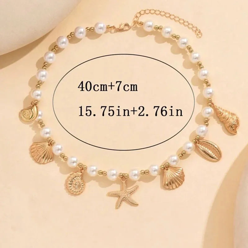 luckacco bohemia conch starfish imitation pearl necklace for women luxury exquisite beaded shell pendant necklace beach holiday jewelry