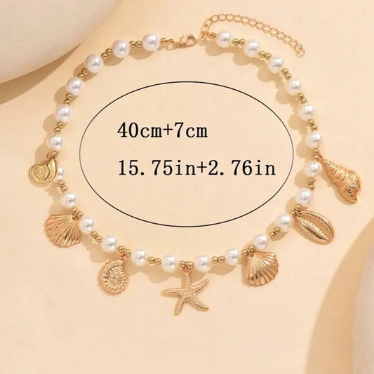 Luckacco Bohemia Conch Starfish Imitation Pearl Necklace for Women Luxury Exquisite Beaded Shell Pendant Necklace Beach Holiday Jewelry