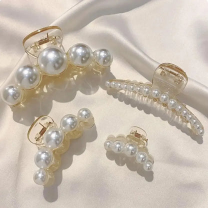 Luckacco 4pcs Large Shark Clip Hair Accessories Temperament Versatile Simple And Generous Fashionable Gentle Pearl Grab Clip