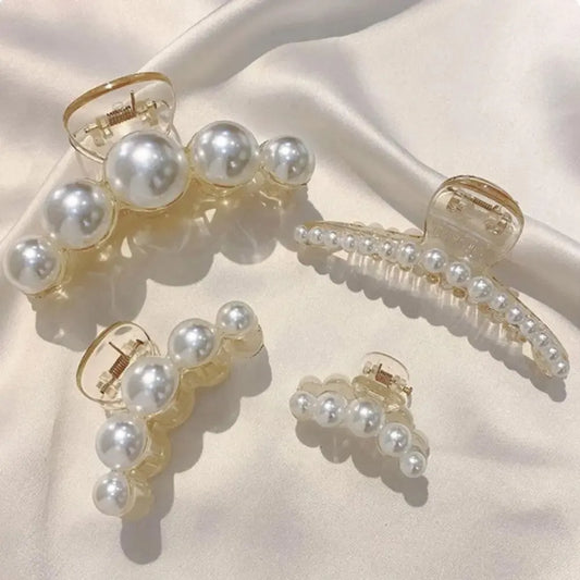 Luckacco 4pcs Large Shark Clip Hair Accessories Temperament Versatile Simple And Generous Fashionable Gentle Pearl Grab Clip
