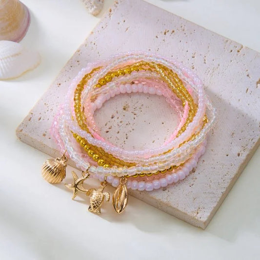 Luckacco Bohemian Imitation Shell Beads Bracelet For Women Sea Star Turtle Woven Rope Bracelet Handmade Friendship Beach Holiday  Jewelry