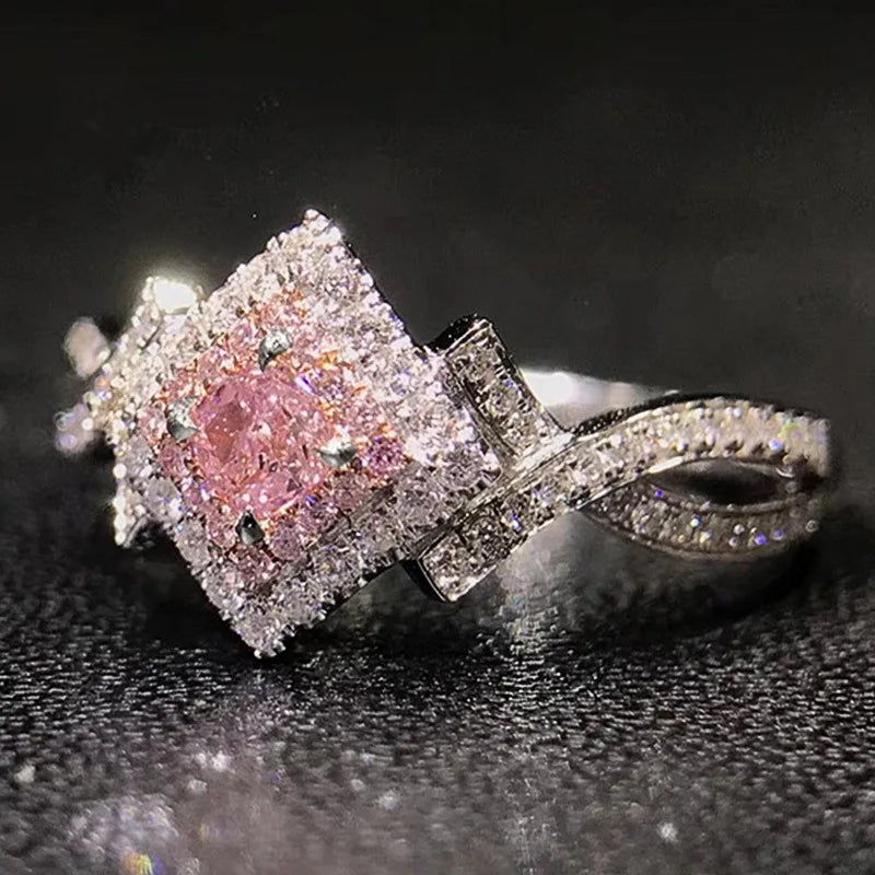 luckacco pink cubic zirconia ring suitable for women's engagement wedding luxury accessories sparkling silver fashion jewelry