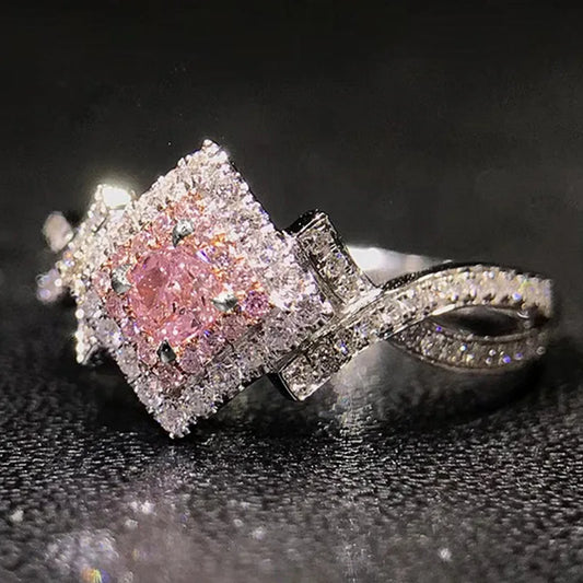Luckacco Pink Cubic Zirconia Ring Suitable for Women's Engagement Wedding Luxury Accessories Sparkling Silver Fashion Jewelry