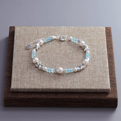 Luckacco VENTFILLE 925 Sterling Silver 6mm Shell Pearl Glass Bead Star Bracelet For Women Gift Crushed Silver Jewelry