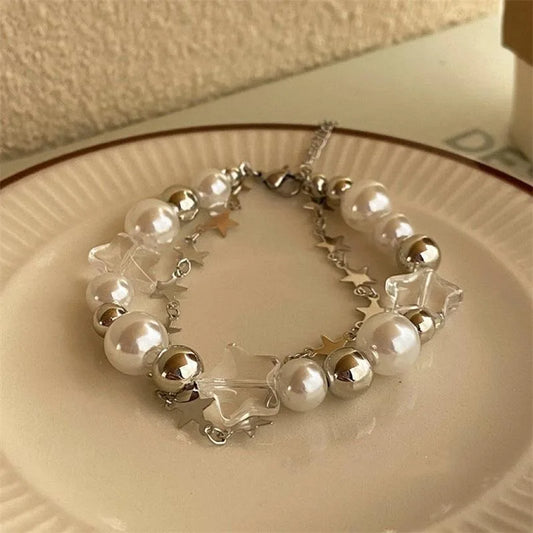 Luckacco Star Pentagram Pearl Beaded Bracelet for Women Harajuku Crystal Vintage Aesthetic Charm Double Layer Chain Bracelet Jewelry Gift