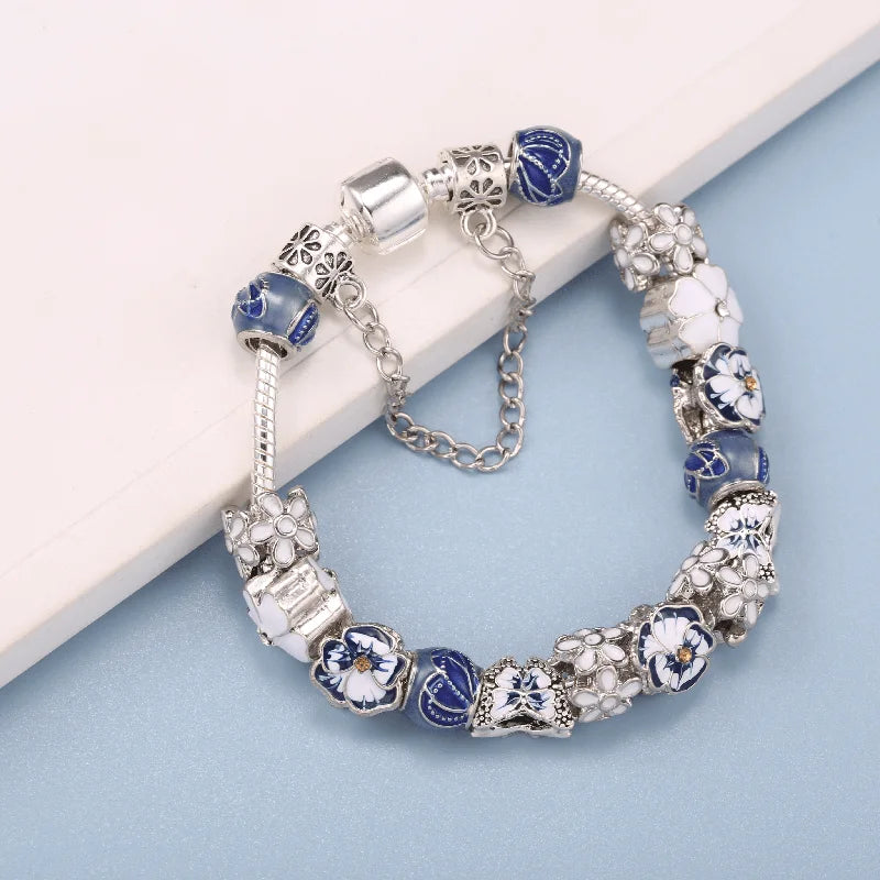 luckacco baopon spring styles butterfly pansy beads charm bracelets diy fine bracelets for women men fiancee bijoux pulseras jewelry gift