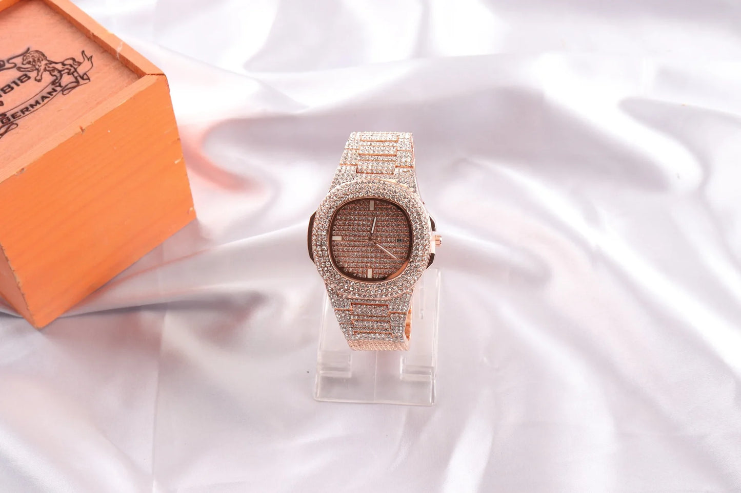 luckacco golden quartet quartz watch stylish square full star set steel band calendar men's women's wristwatch